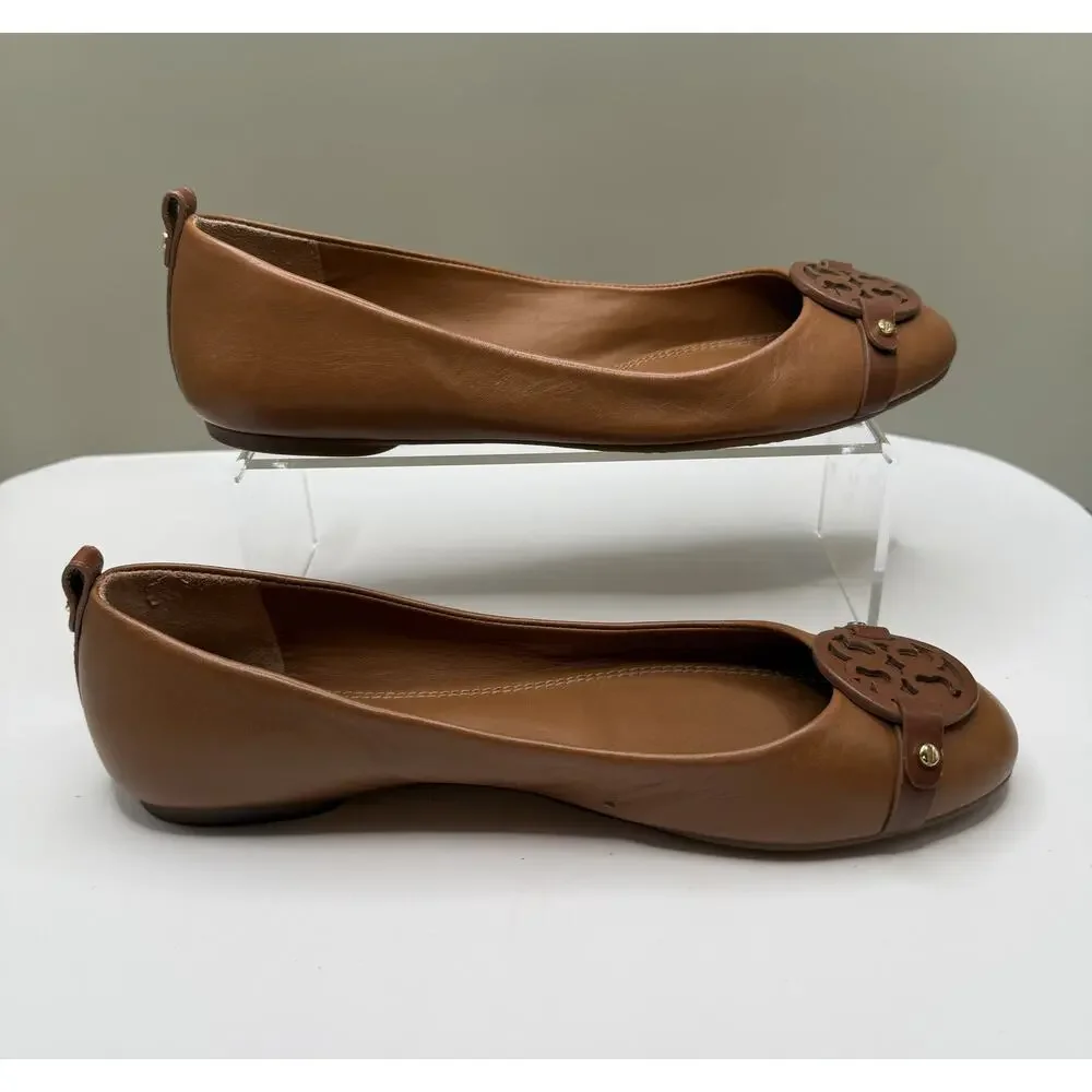 Tory Burch Gabriel flats Sz 8 Cognac Brown leather logo medallion